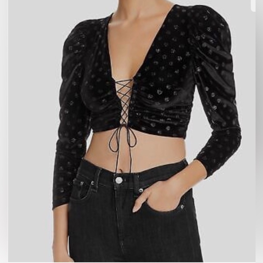 For Love & Lemons Black Velvet Polka Dot Blouse Size S
